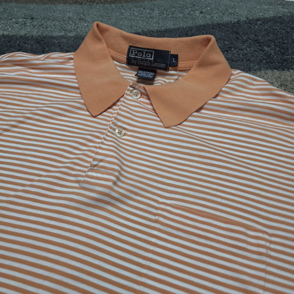Ralph Lauren Polo Shirt Mens L Orange Striped Pony Casual Short Sleeve